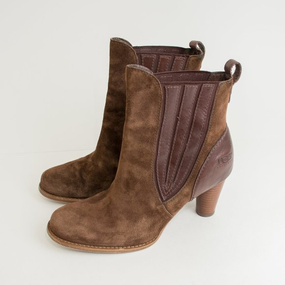 UGG Brown Suede Heeled Boots with Sherpa Lining - Picture 3 of 8